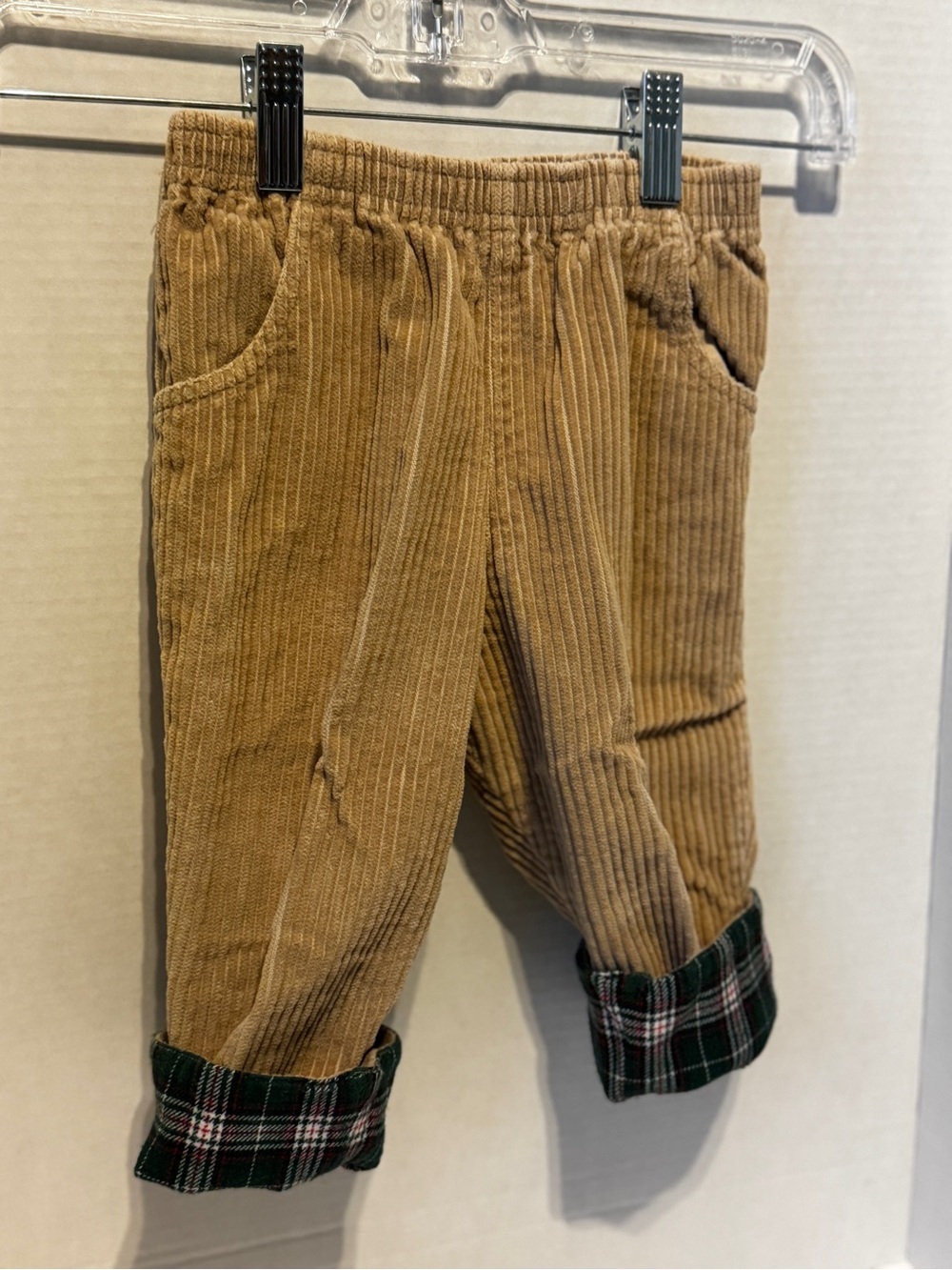 Vintage Old Navy Corduroy Pull-On Pants 12-18 Months Tan Green Plaid